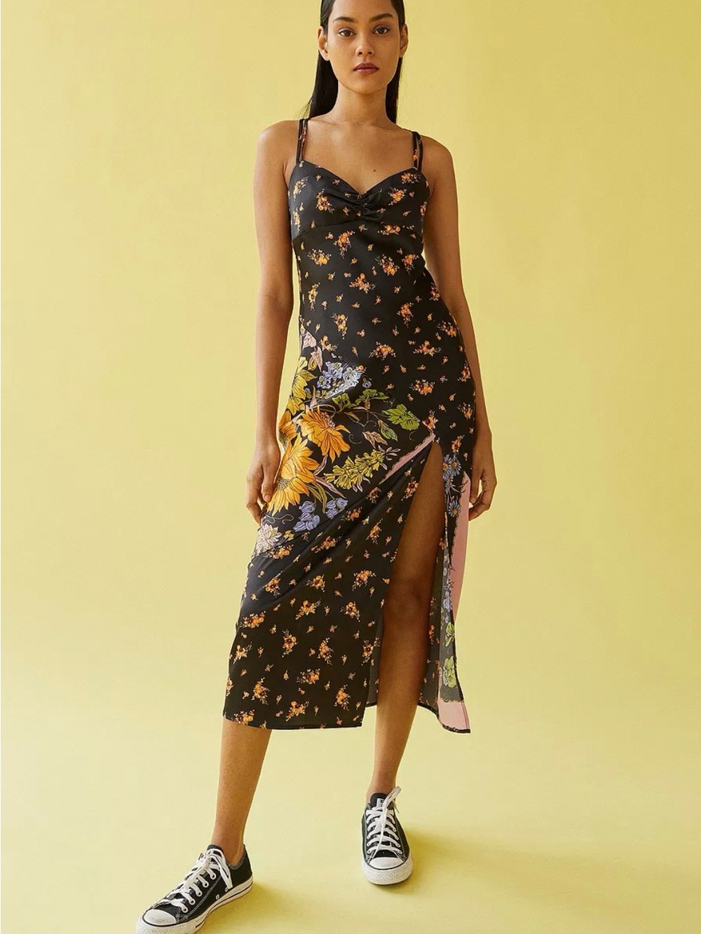 Urban Outfitters Black Floral Slip Midi Dress with Side Slit